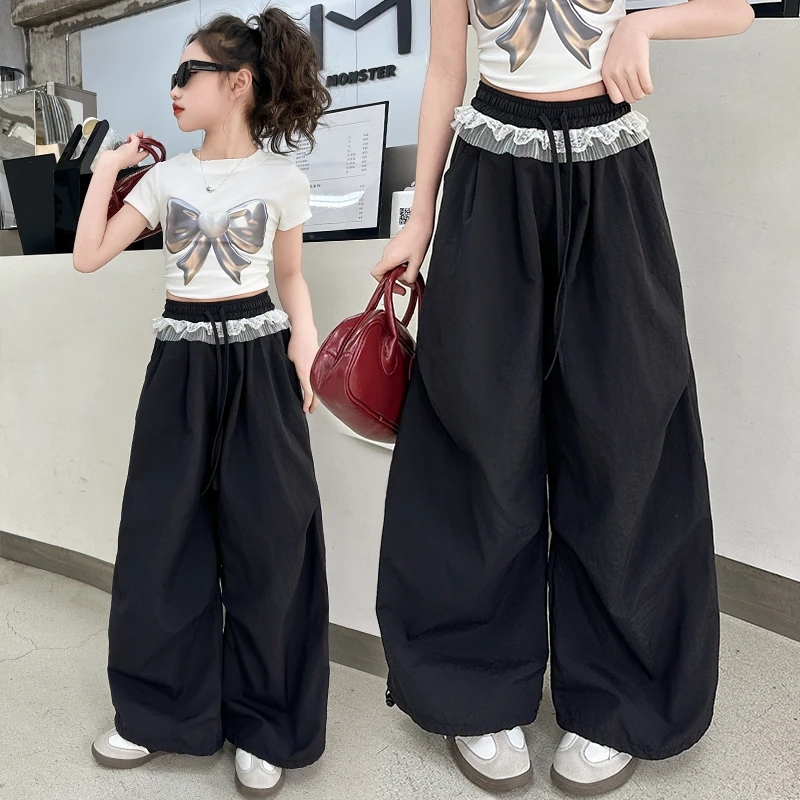 【毛妈潮牌】女童夏季速干花边阔腿裤2025新款中大童薄款百搭休闲裤