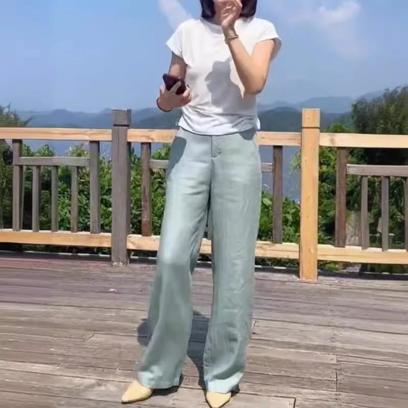 中年女装2025夏季新款静版短袖T恤高腰阔腿直筒裤清新显瘦两件套