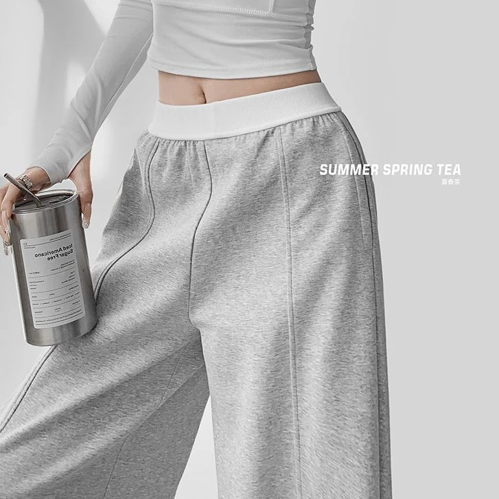 夏春茶撞色拼接腰头阔腿卫裤女高腰显瘦休闲直筒加绒拖地运动裤子
