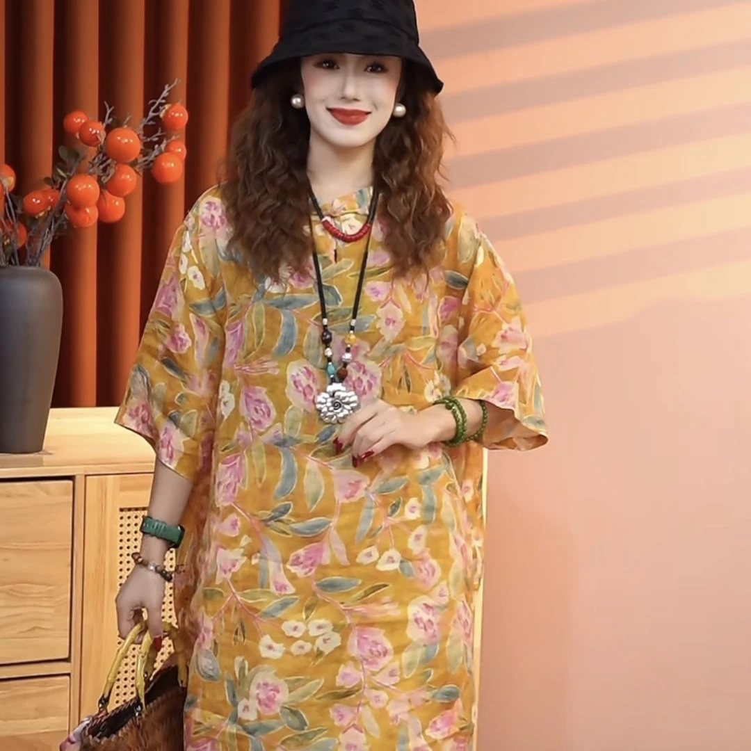 【“郁金香”】2025新款休闲百搭一字扣苎麻中长款女上衣70207