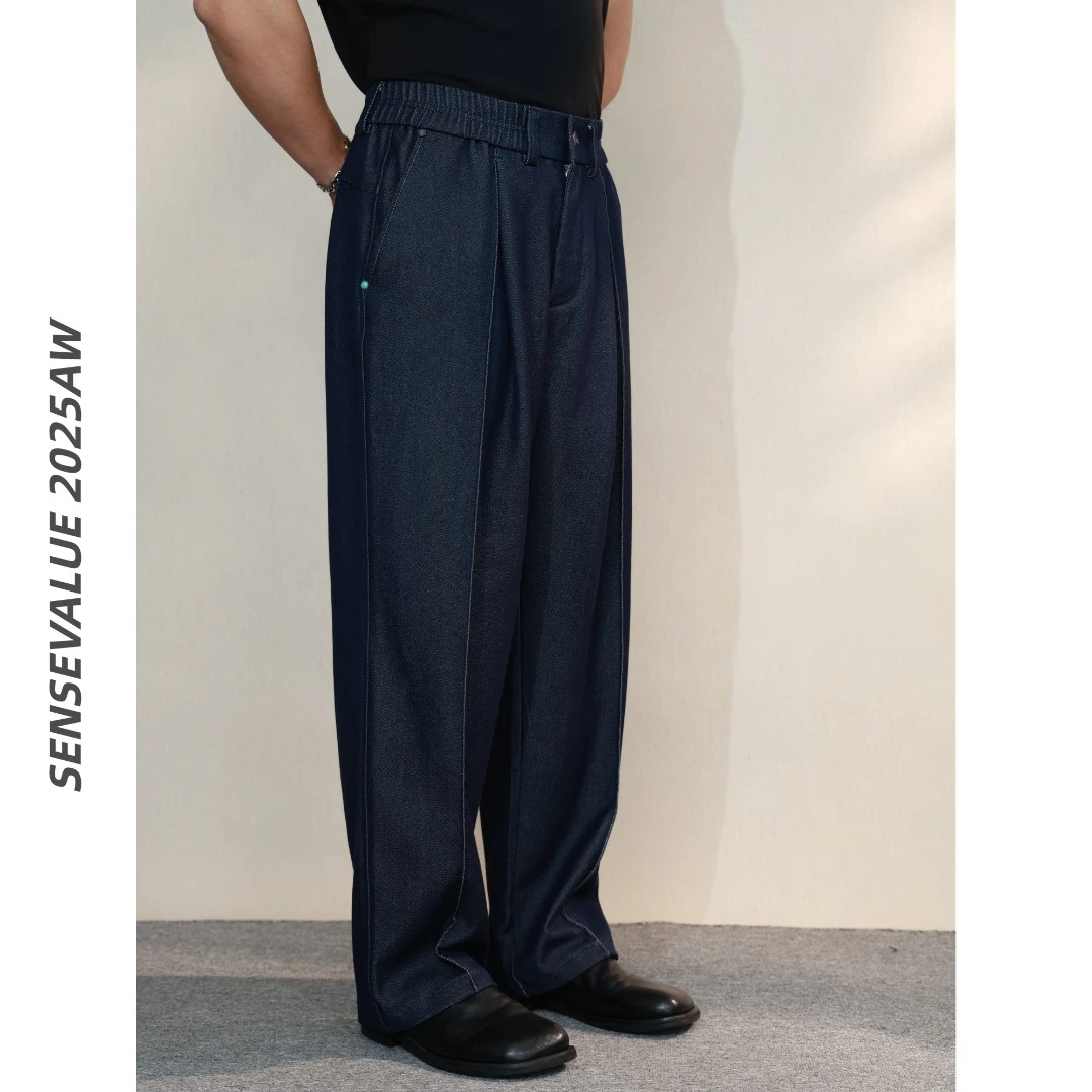 『SV』轻盈垂顺靛蓝仿牛仔松紧腰阔腿休闲长裤