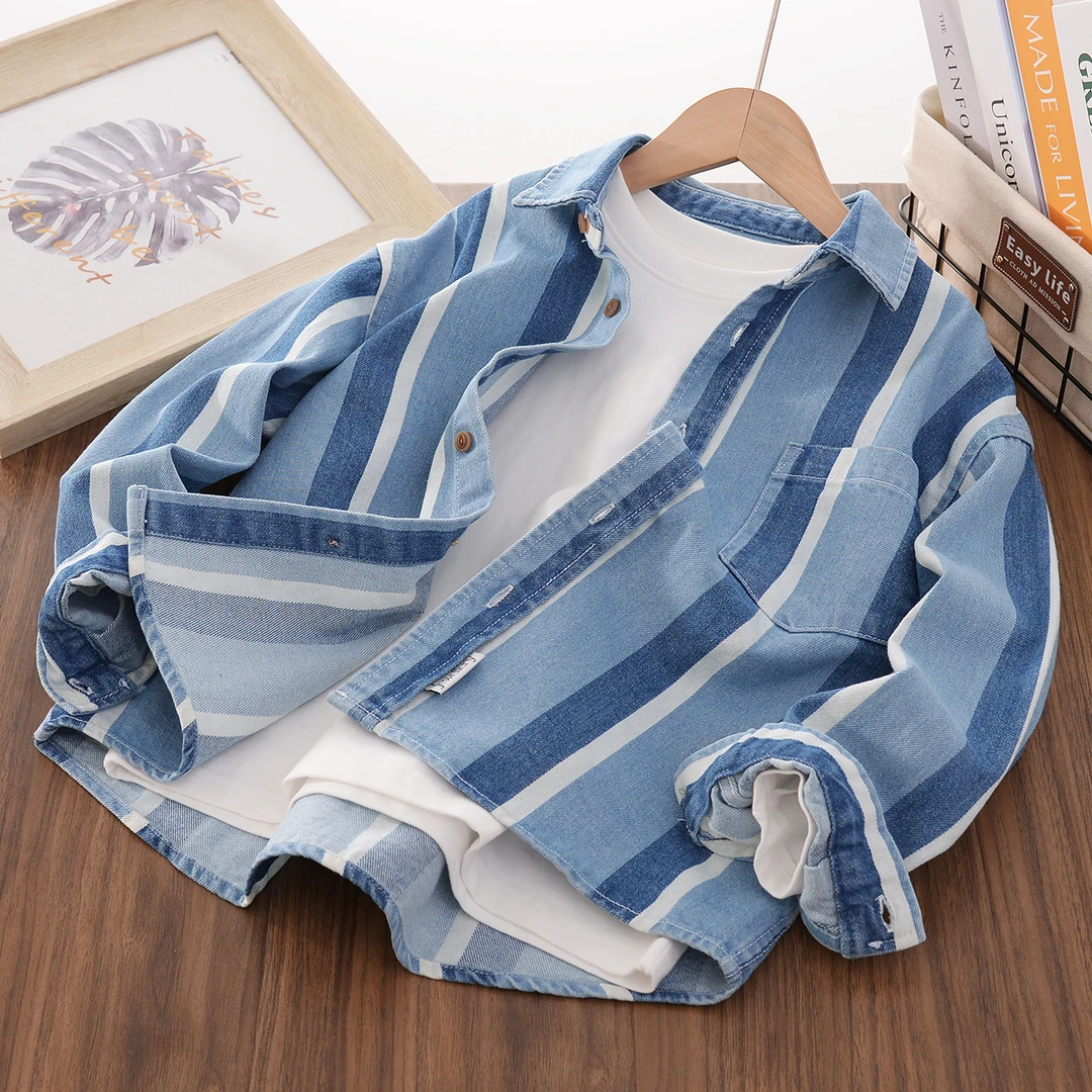 CS6270男童条纹牛仔衬衫中大童春季基础款休闲舒适翻领长袖衬衣