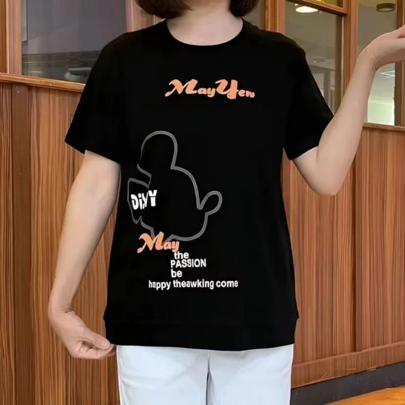 夏装春夏宽松大码妈妈简约T恤薄款轻职风圆领短袖中老年女装印花