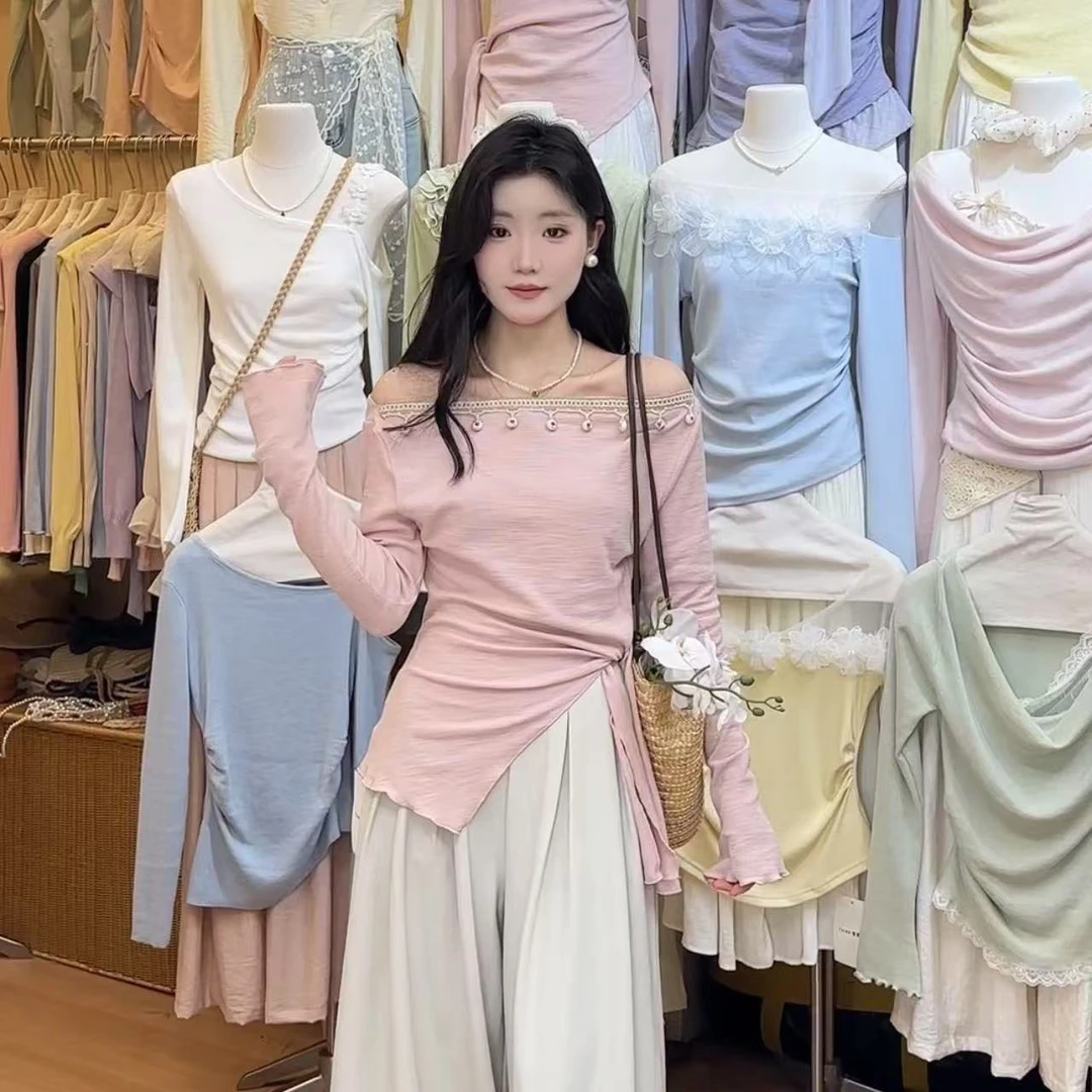 法式氛围感绑带显瘦上衣春季新款不对称设计感斜领露肩长袖T恤女