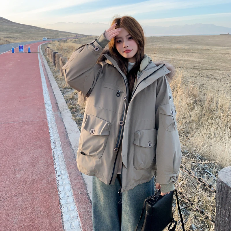 卡其色工装大毛领90白鸭绒羽绒服女冬季2025新款小个子甜酷巨好看