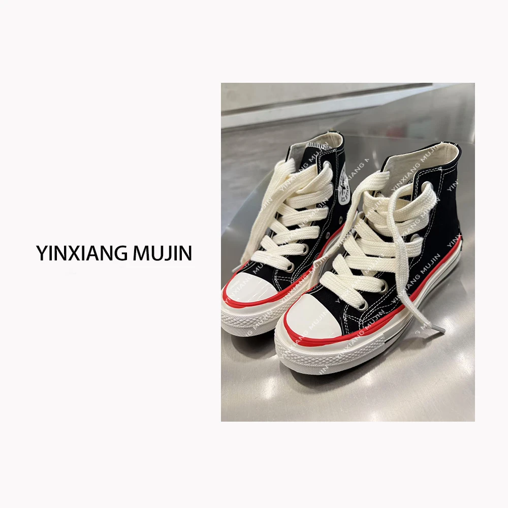 【YINXIANGMUJIN】描边帆布鞋 撞色不规则边高帮休闲鞋女士时尚百搭