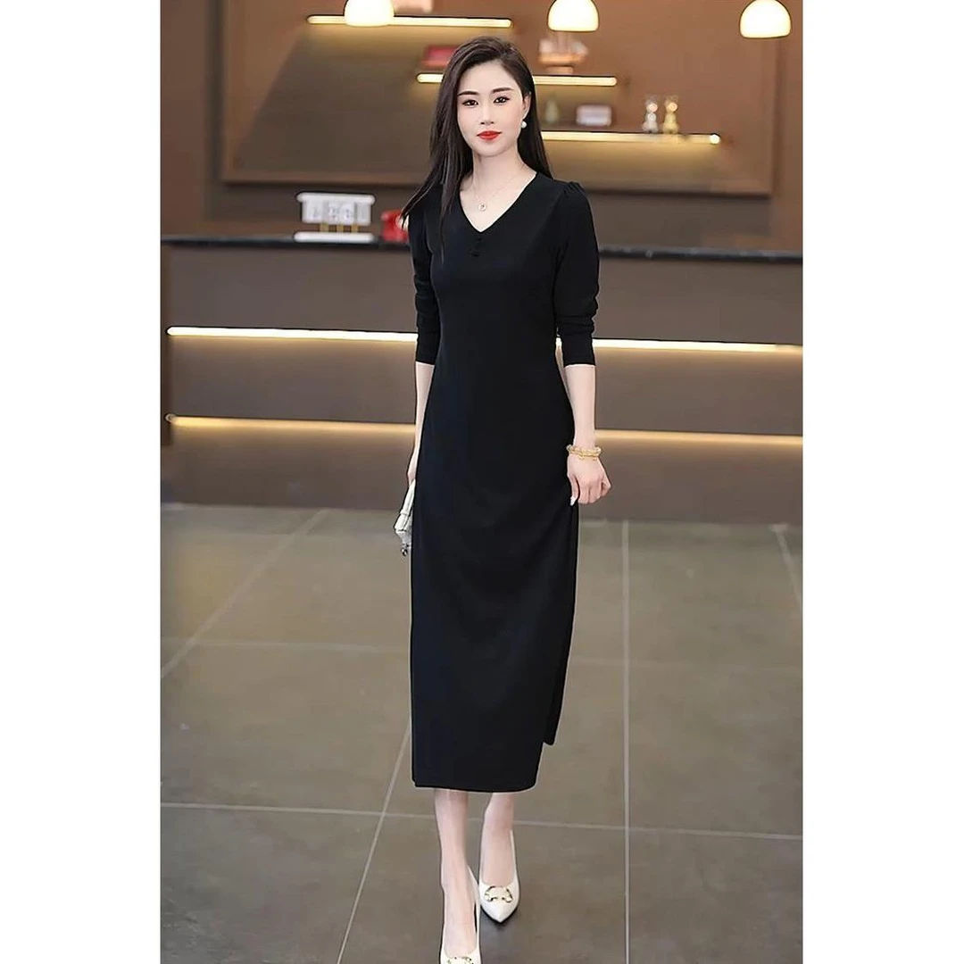 2025春秋新款伊布罗高级纯色气质长袖显瘦长裙