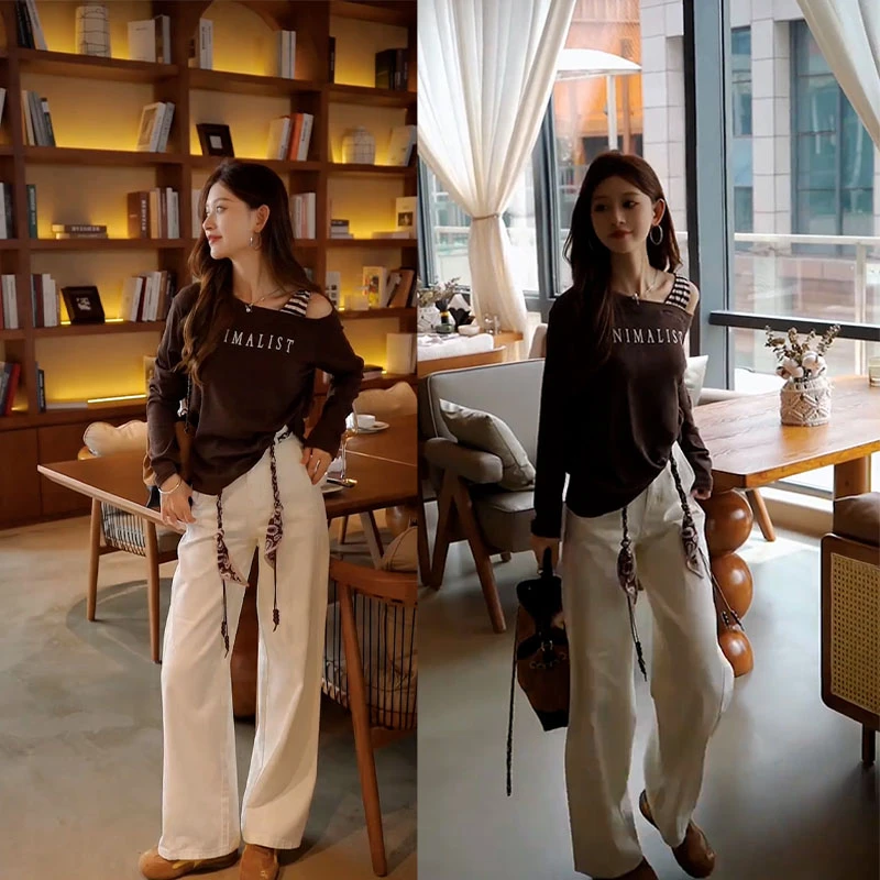 2025秋季新款设计感时尚百搭露肩长袖上衣女百搭休闲直筒裤两件套