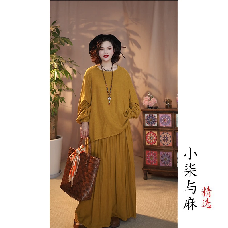 【小柒与麻】复古风亚麻套装（衣长66-71胸围130裙长91）黄色