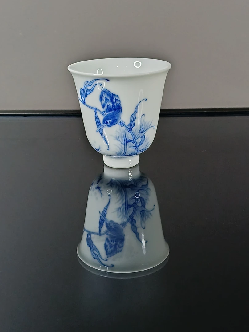 观澜柴窑 青花 单翠铃铛杯  闻香杯 景德镇 手工茶具主人杯