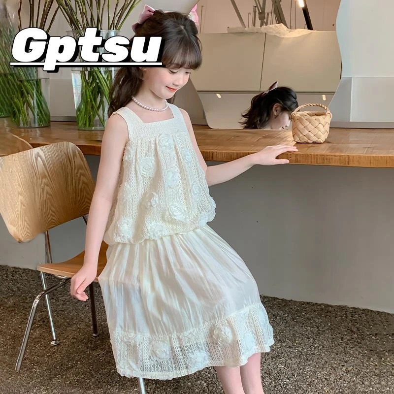GPTSu女童连衣裙装2025新款洋气儿童无袖上衣小女孩网纱裙子套装