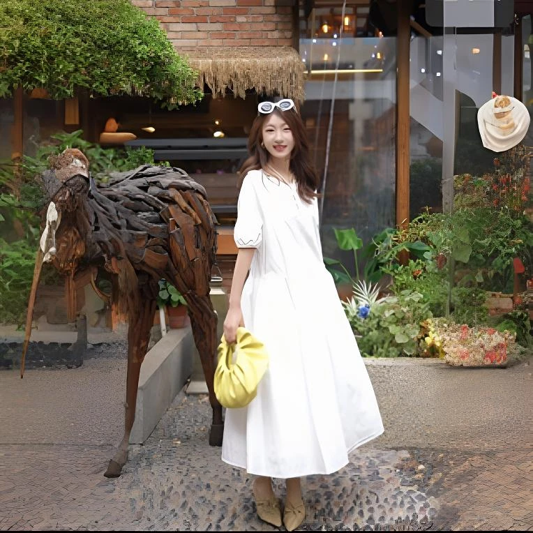 GIRDEAR/哥弟新款简约优雅纯色宽松圆领短袖气质长裙连衣裙150043