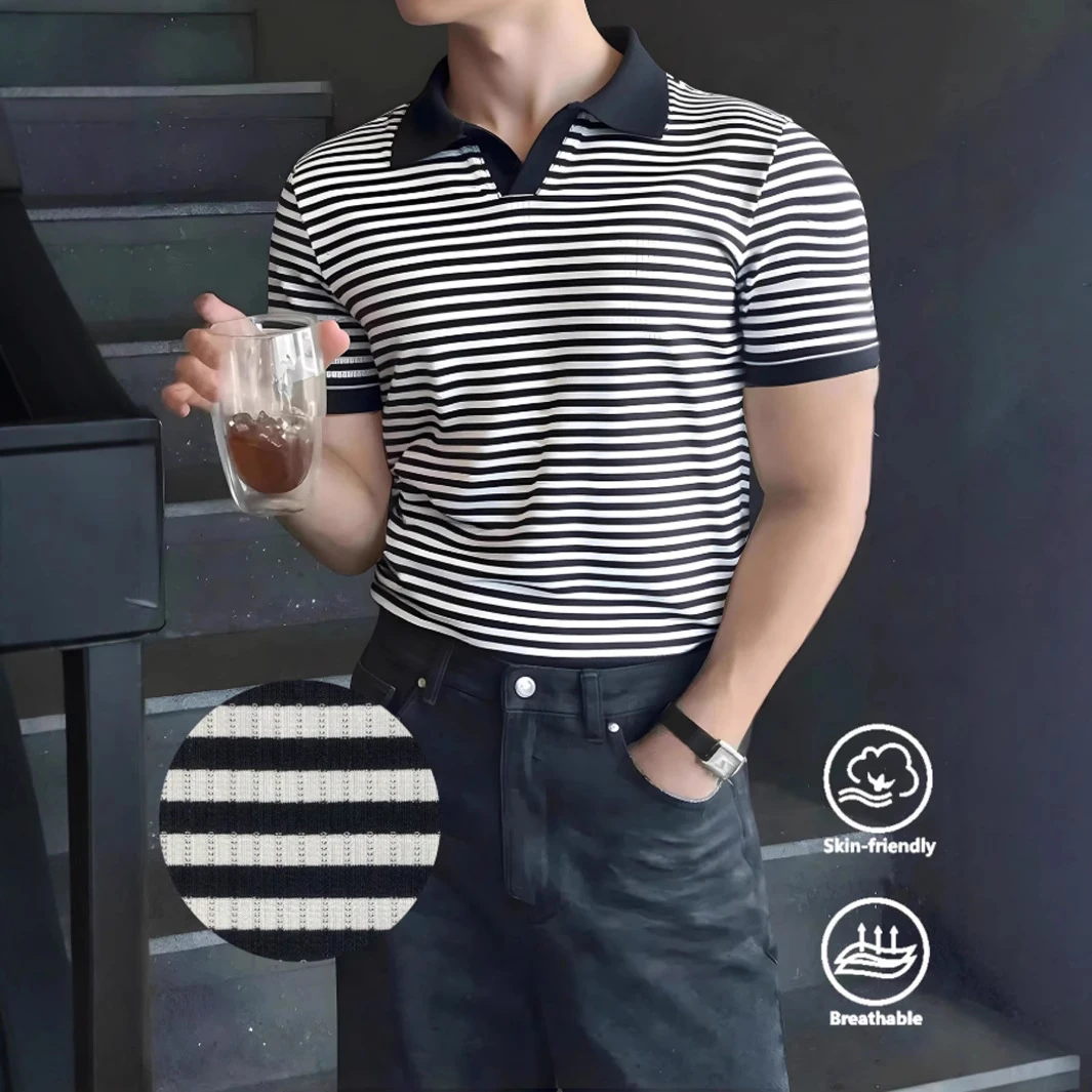 美式重磅修身百搭POLO衫男士夏季翻领流光风男士条纹polo短袖T恤