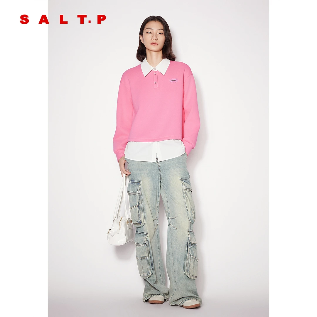 SALT.P可颜25年秋季新款蜜桃粉时尚休闲百搭显瘦假两件学院感卫衣