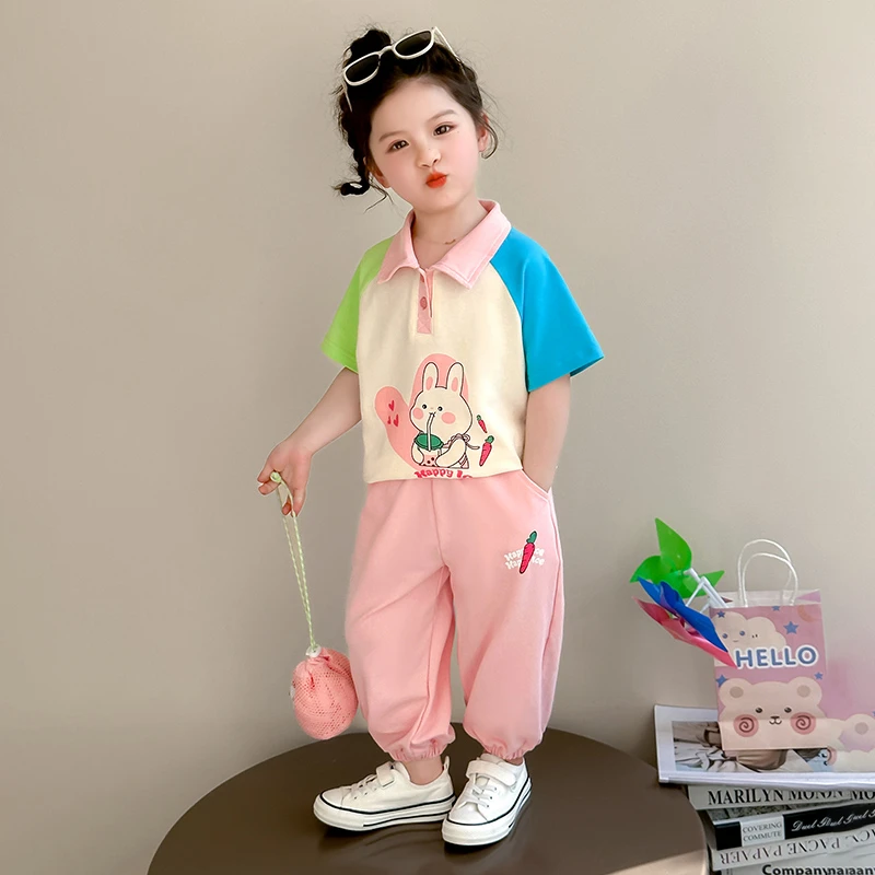 女童夏季短袖Polo衫套装2025新款儿童休闲运动两件套宝宝兔子衣服