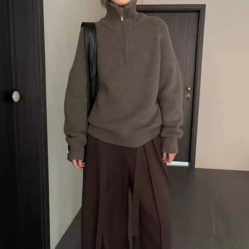 爆款羊绒拉链休闲羊毛衫百搭时尚宽松半开领针织衫韩版加厚打底衫