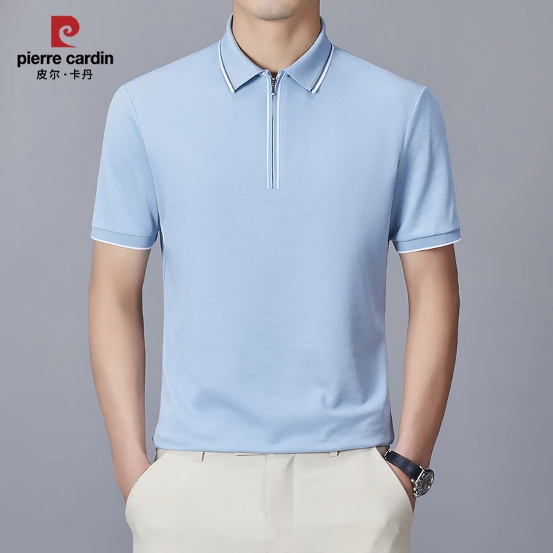皮尔卡丹男士夏季含桑蚕丝翻领拉链短袖T恤商务休闲POLO衫亚麻