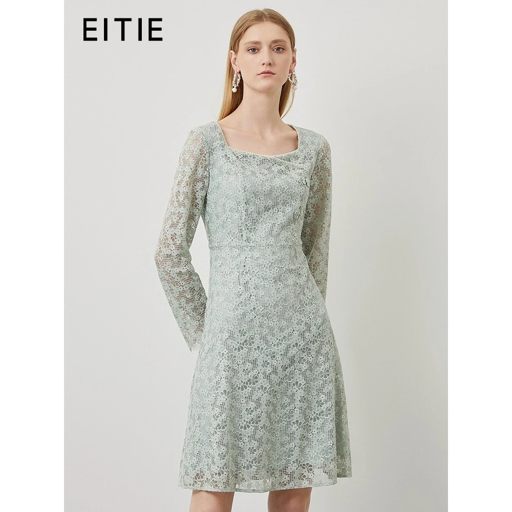 爱特爱（EITIE）气质方领收腰中裙绣花蕾丝连衣裙新款收腰C2207034
