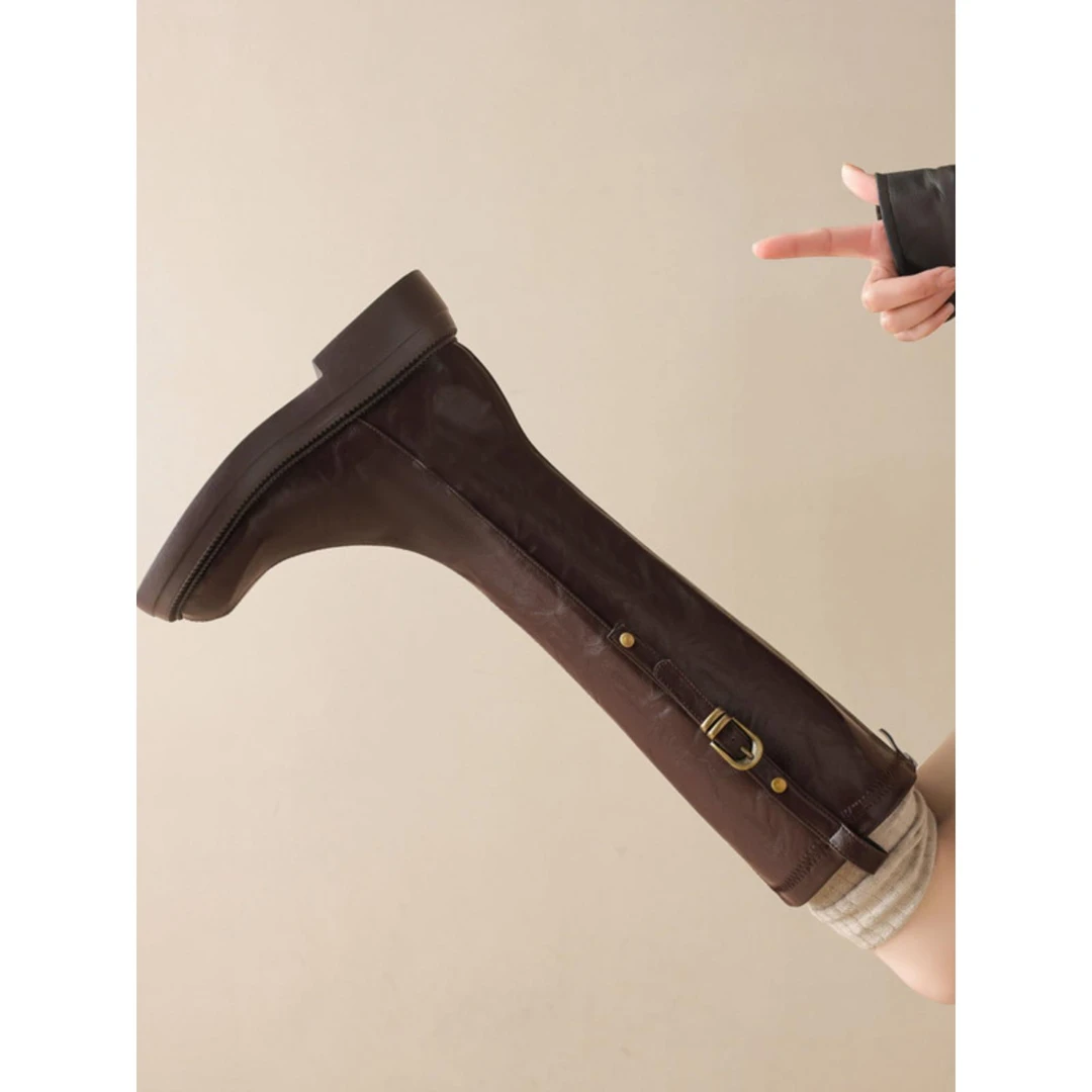 新款长筒靴女2025秋冬加绒不过膝长靴弹力大筒围骑士靴女大码4143