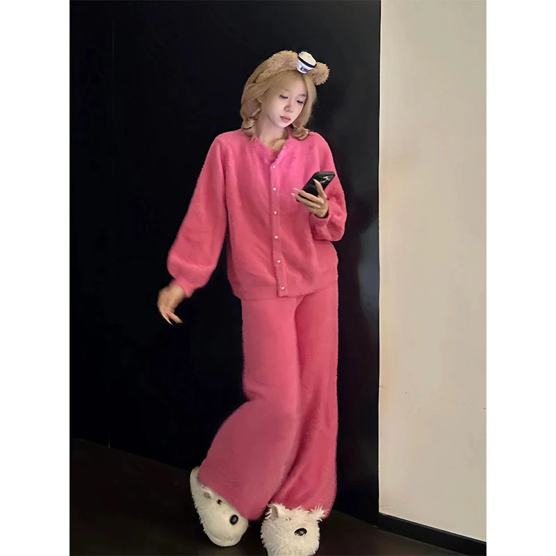 韩系甜美玫红色半边绒睡衣女秋冬季开衫长袖长裤家居服可外穿套装