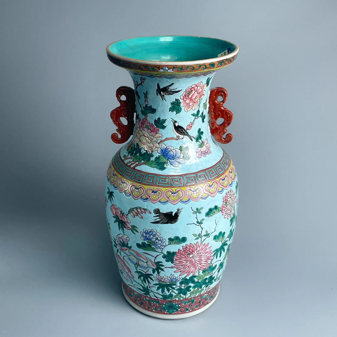 瓷器/古董光绪松石绿地花鸟纹双耳赏瓶M25AG002A86/文物/绣花张