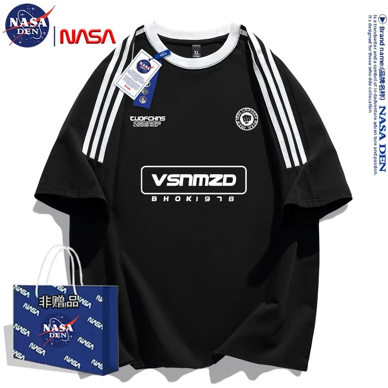 NASA联名百搭印花重磅纯棉半袖男女款短袖宽松三条杠圆领T恤ins