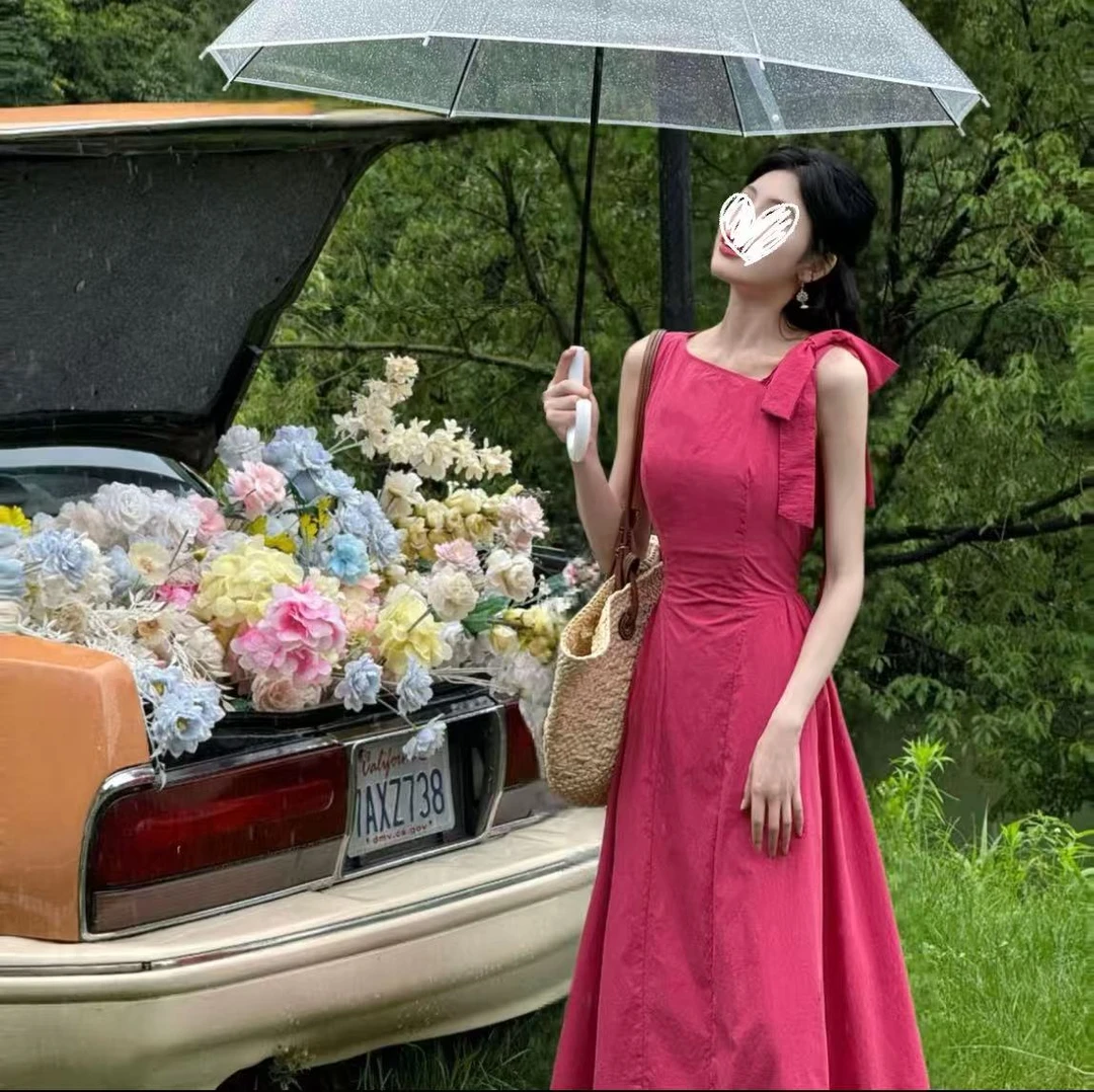 冰岛华尔兹 纯色蝴蝶结气质减龄无袖中长款露背连衣裙 8051#