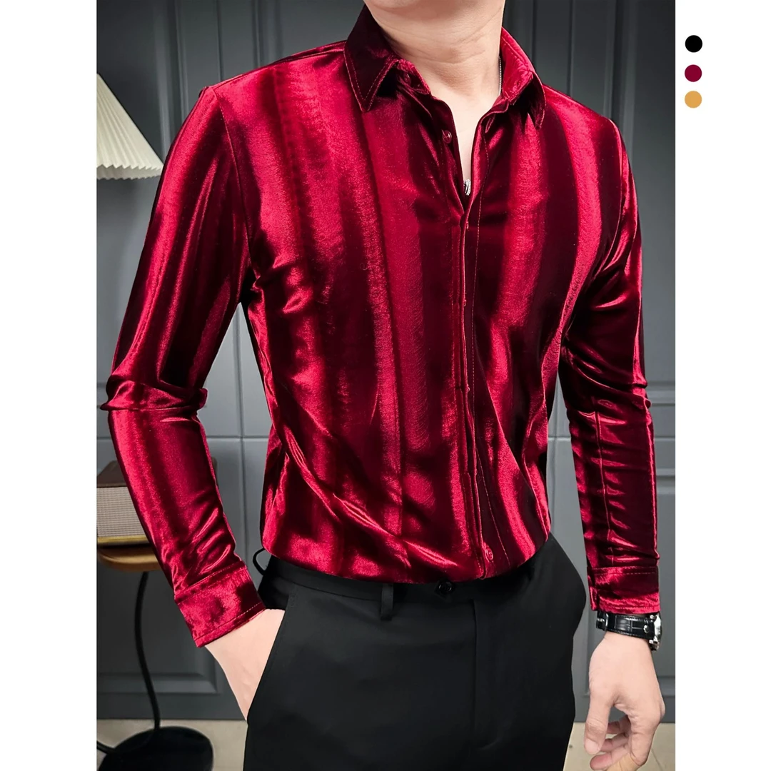 韩国绒闪亮衬衣男款秋冬款高级感时尚纯色个性潮男士衬衫新款长袖