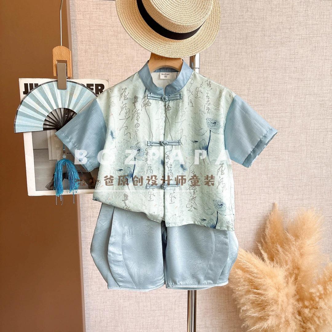 啵小爸【蓝宣墨舞】2025夏季男童新中式蓝色对襟书法印花衬衫套装