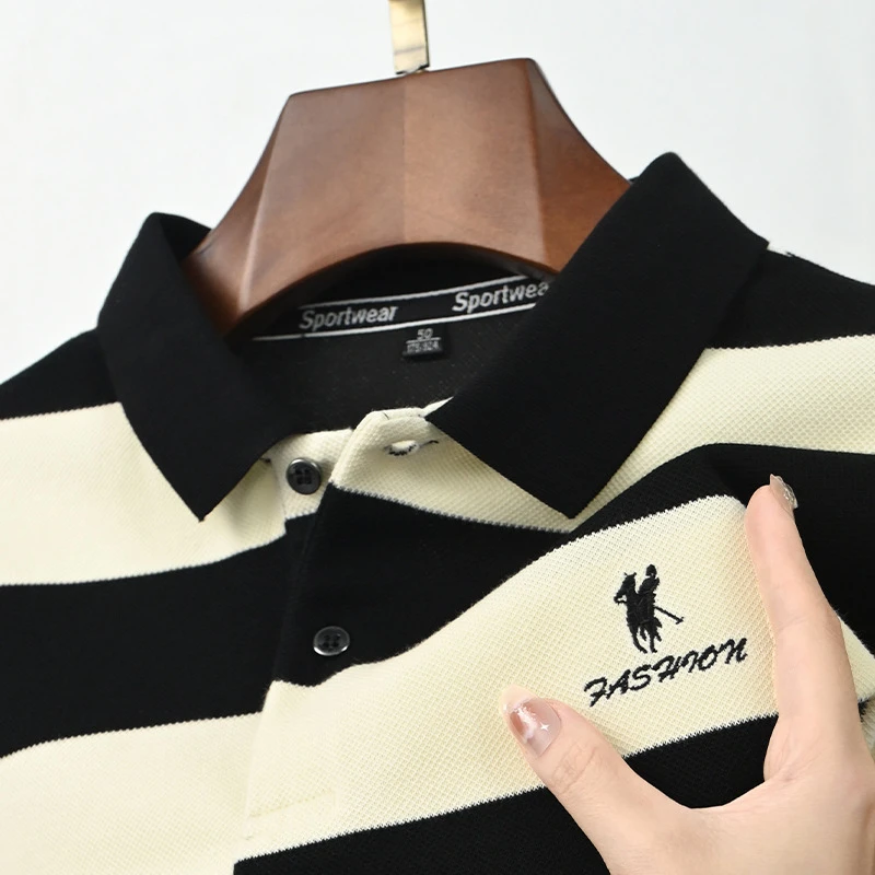 上衣外贸条纹刺绣翻领保罗POLO衫男士中青年长袖春秋季高端卡弗迪