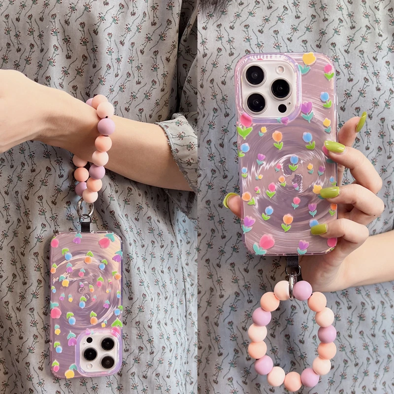ins羽纱彩色郁金香花手拎圆环适用苹果15pro防摔14手机壳iphone16