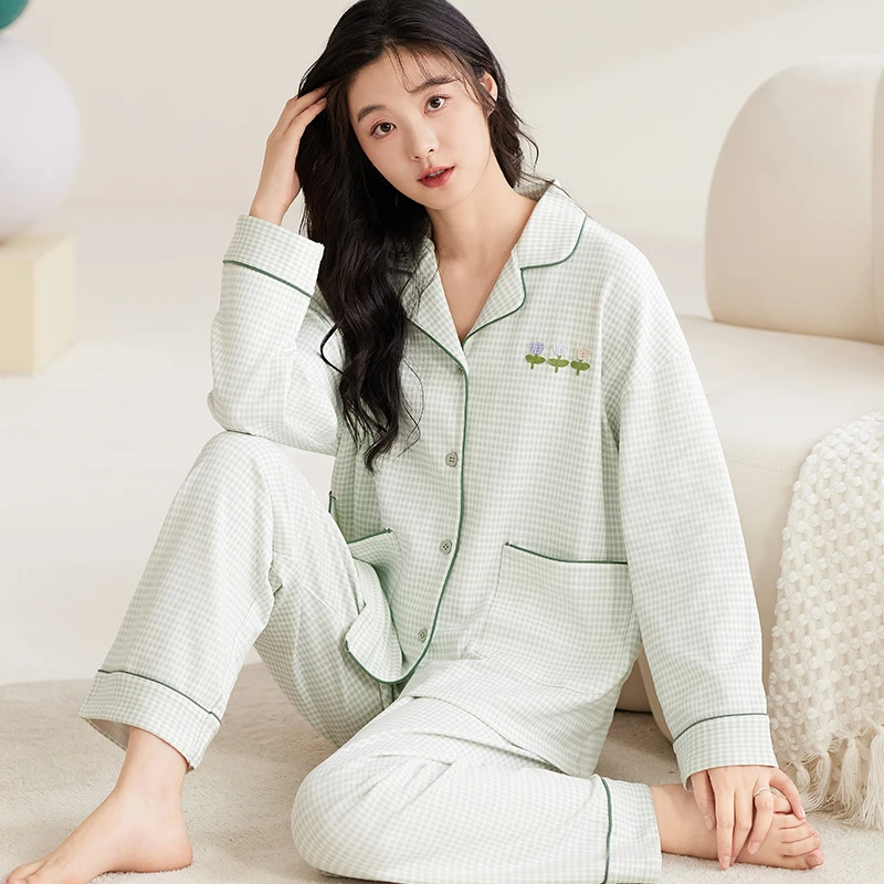 休闲简约风睡衣女款春秋季甜美可爱格子可外穿大码套装夏天家居服