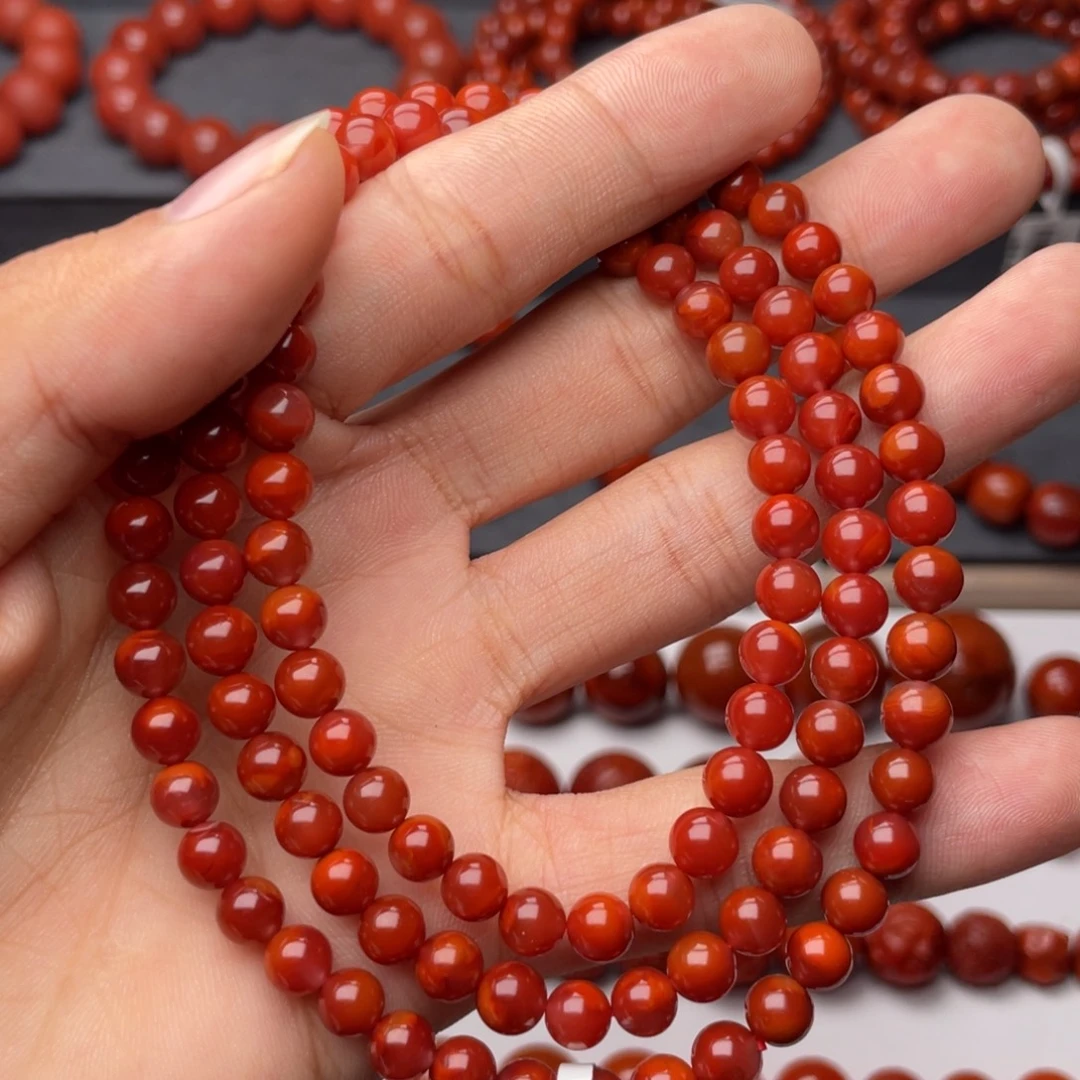 暮***舟南红玛瑙未镶嵌手串H6mm满肉牛血柿子双色长链
