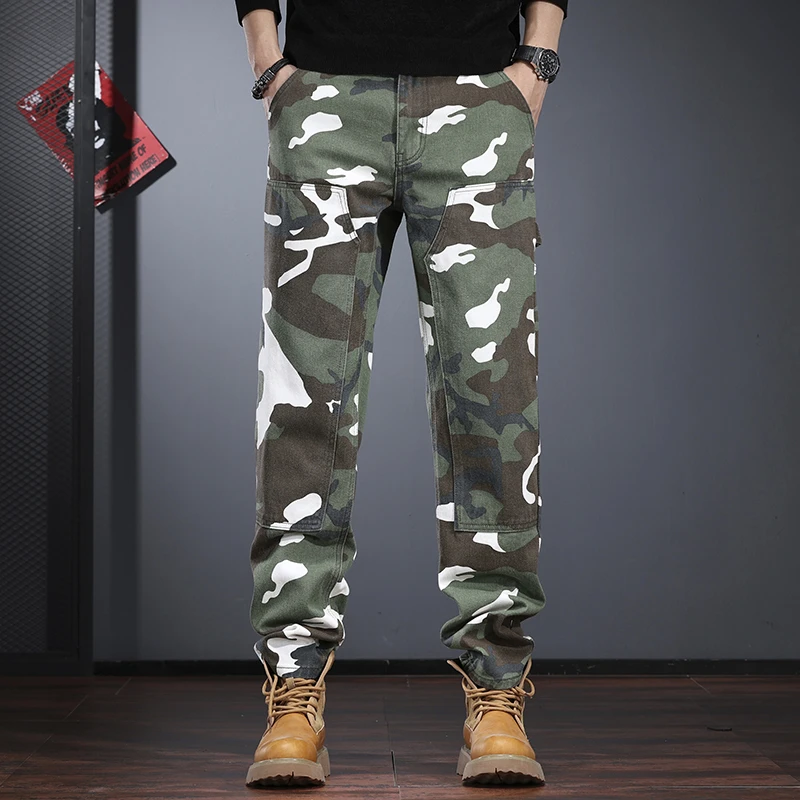 潮牌迷彩裤男2025新款春秋季美式休闲牛仔裤硬汉小直筒伐木工装裤