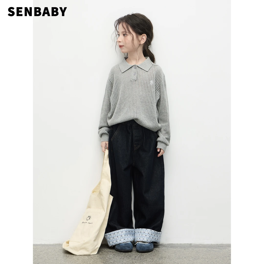 【现货】senbaby女童针织套头衫秋新款韩版小翻领灰色针织polo衫