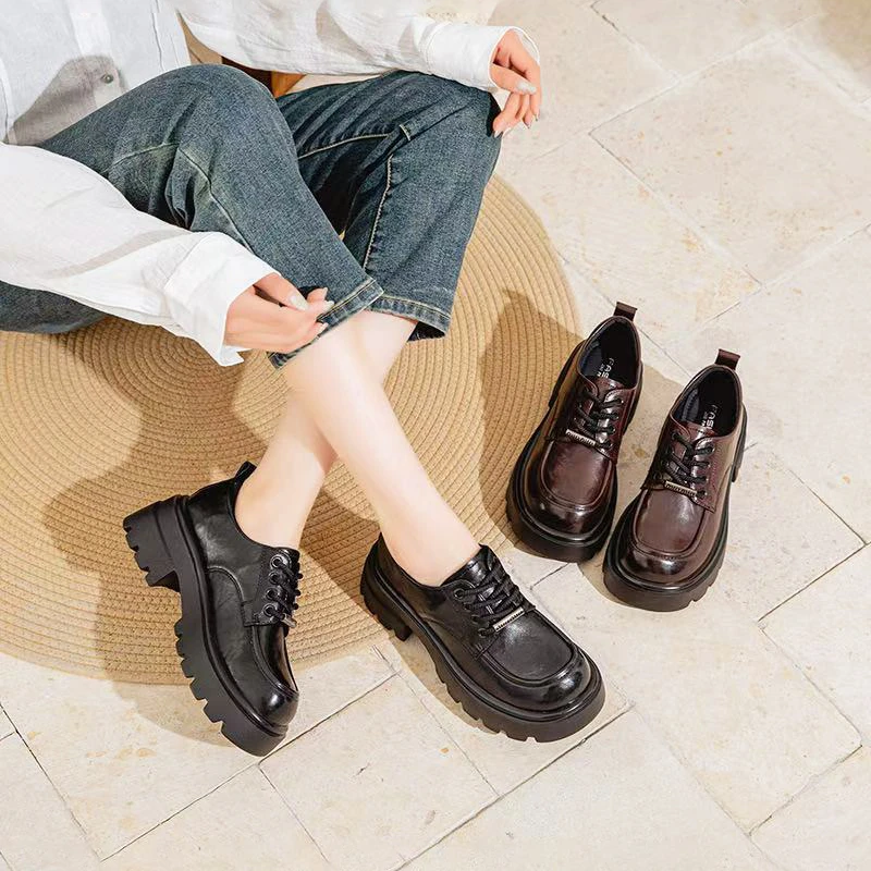 新款手抓羊纹皮时尚休闲百搭真皮英伦风透气厚底乐福绑带小皮鞋