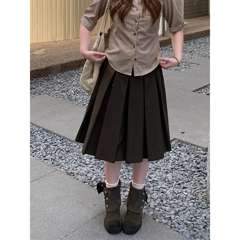 耶古日系昭和咖啡色百褶a字半身裙女秋冬新款高腰显瘦毛呢中长裙