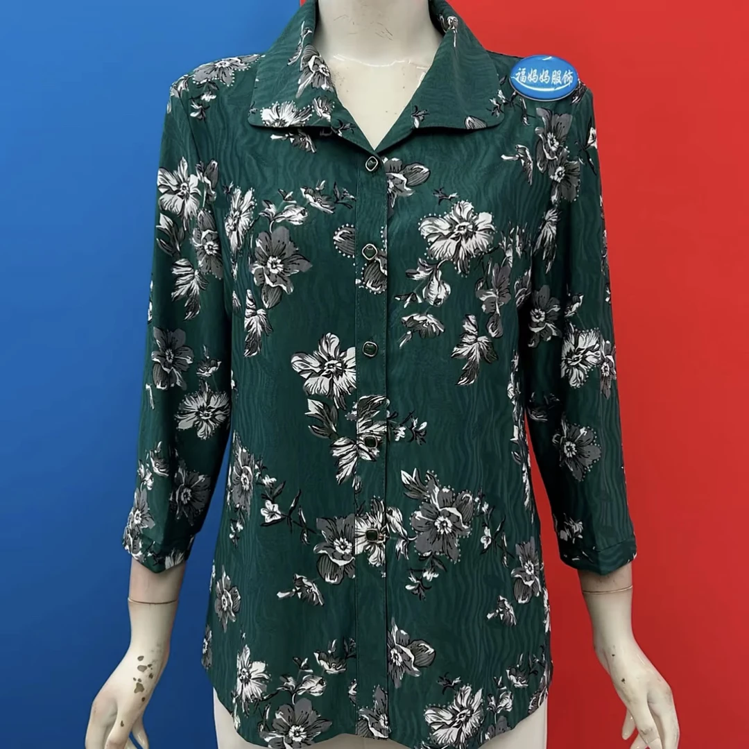 NF夏季新款翻领何金花图分袖妈妈衬衣