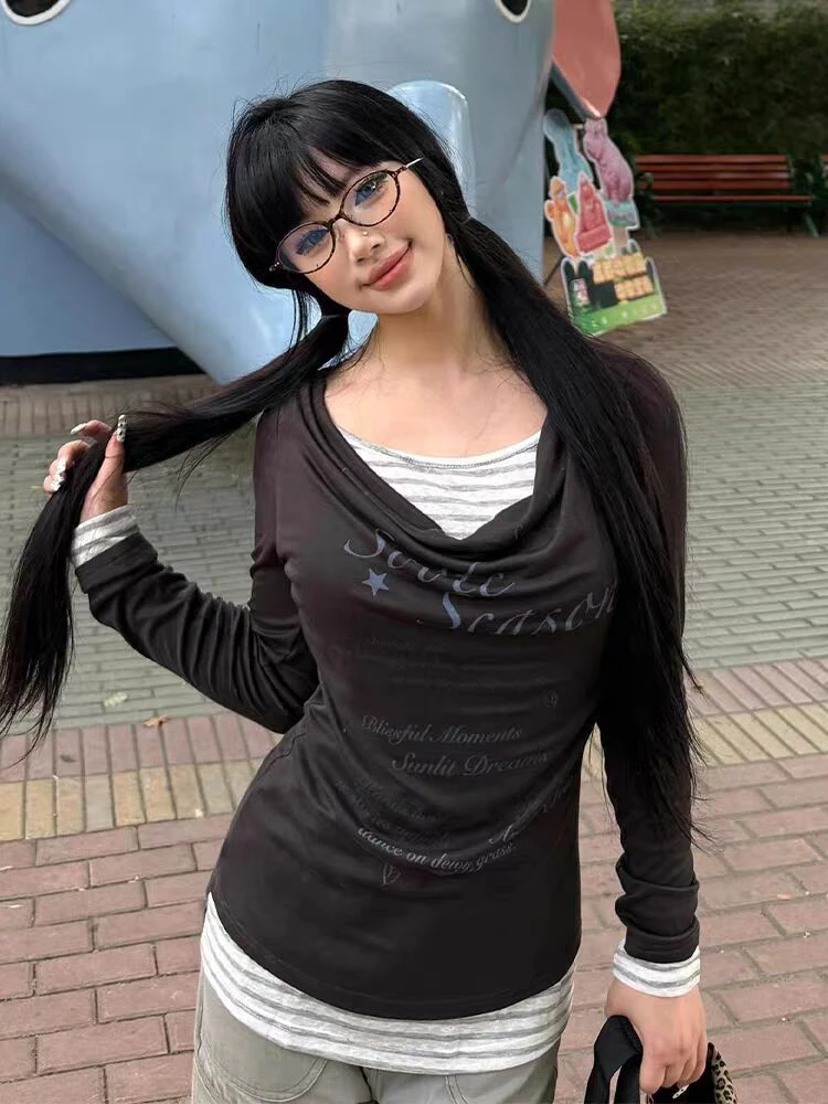 美式灰色字母印花假两件荡领T恤女2025早秋季设计感收腰辣妹上衣