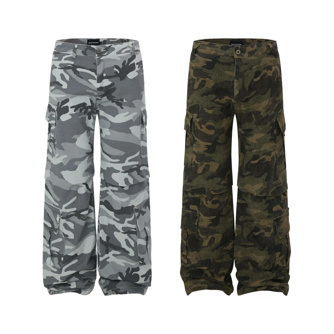 SKATEPARK 380g斜纹帆布迷彩宽松拉链运动重工宽松牛仔裤长裤