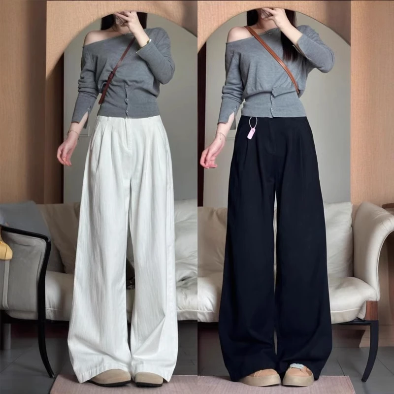 大码白色垂感阔腿通勤裤女夏薄款梨形身材高腰宽松显瘦百搭休闲裤