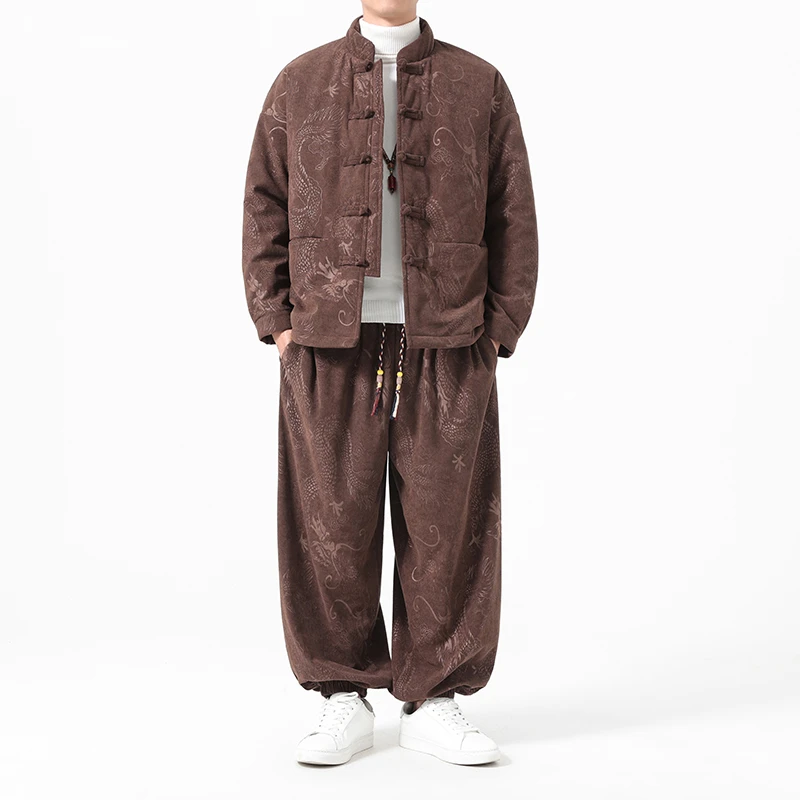 冬季新款中国风龙纹印花棉衣套装中式复古休闲两件套加厚保暖棉服