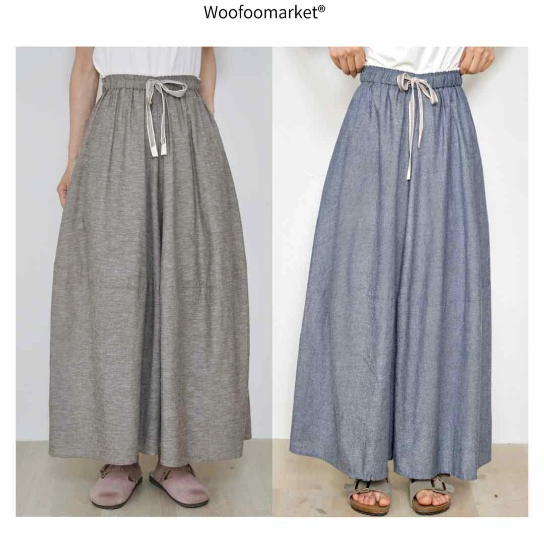 【海街日集】棉麻色织面料系带宽松阔腿松紧腰九分裤女春夏 KZ315