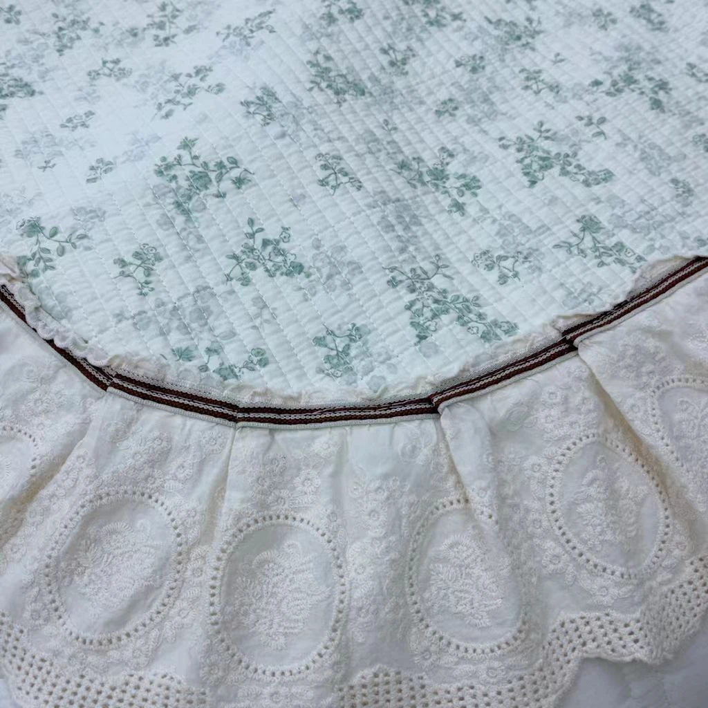 大花边床盖刺绣双层绿色全棉大尺寸棉花芯防滑四季使用加厚绗缝