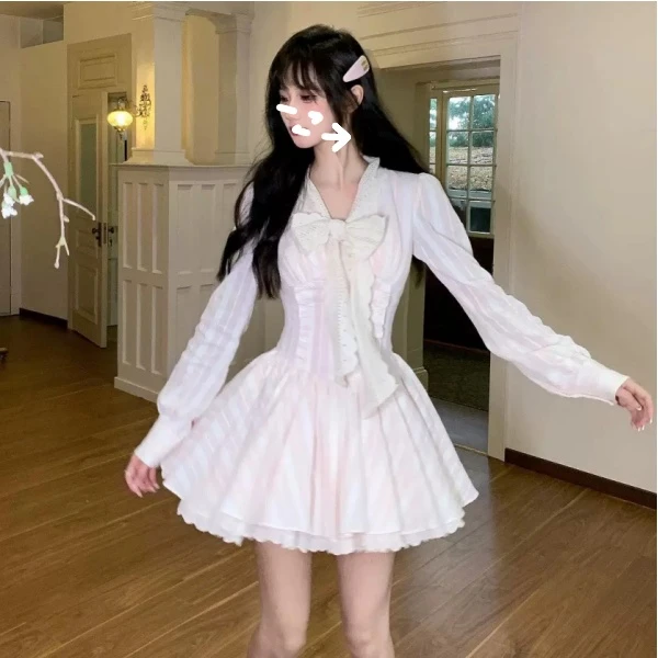 JX设计感 甜美蕾丝花边蝴蝶结收腰蓬蓬裙春夏季收腰显瘦A字连衣裙