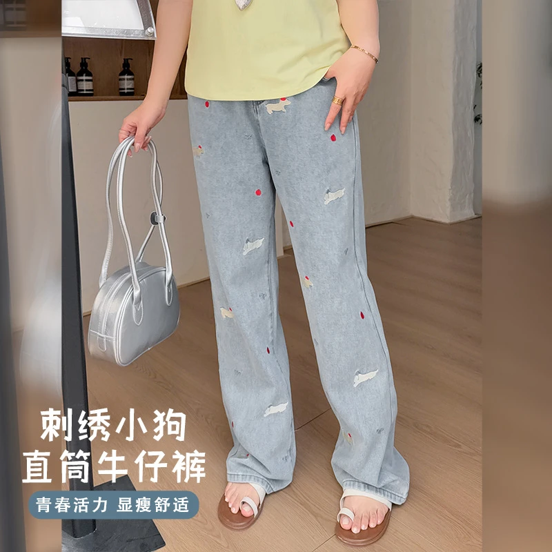 大码春季新款刺绣时尚小狗直筒牛仔裤