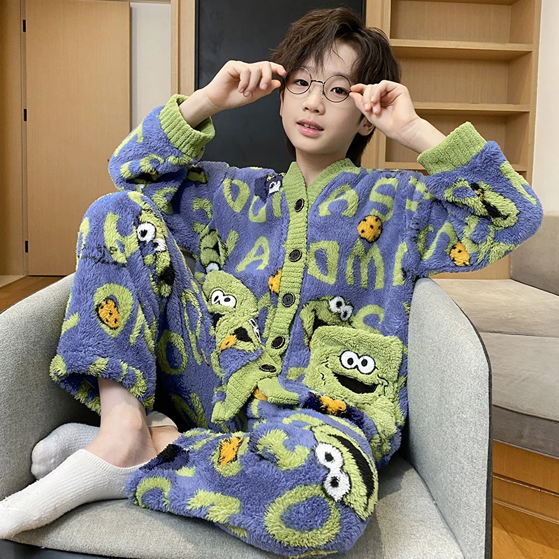 儿童睡衣珊瑚绒法兰秋冬季加绒加厚款大男童小男孩家居服2025新款