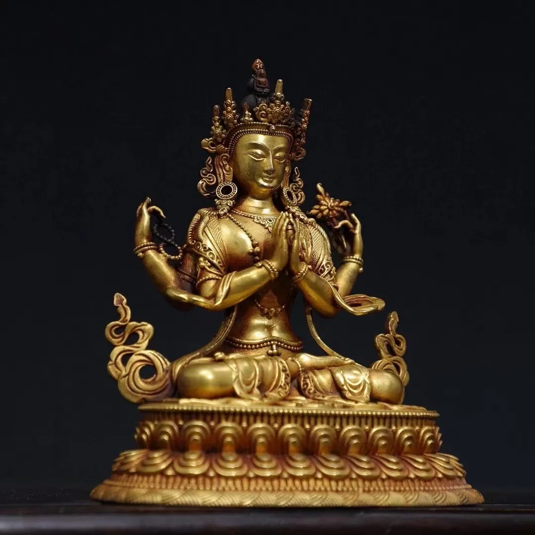 精铸紫铜鎏金四臂观音16公分高