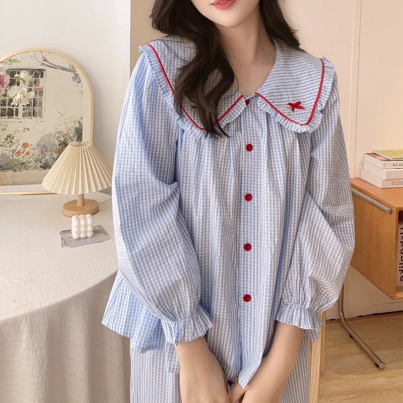 【5701蓝格】甜美新款棉纱薄春秋外穿公主家居服睡衣宽松长袖