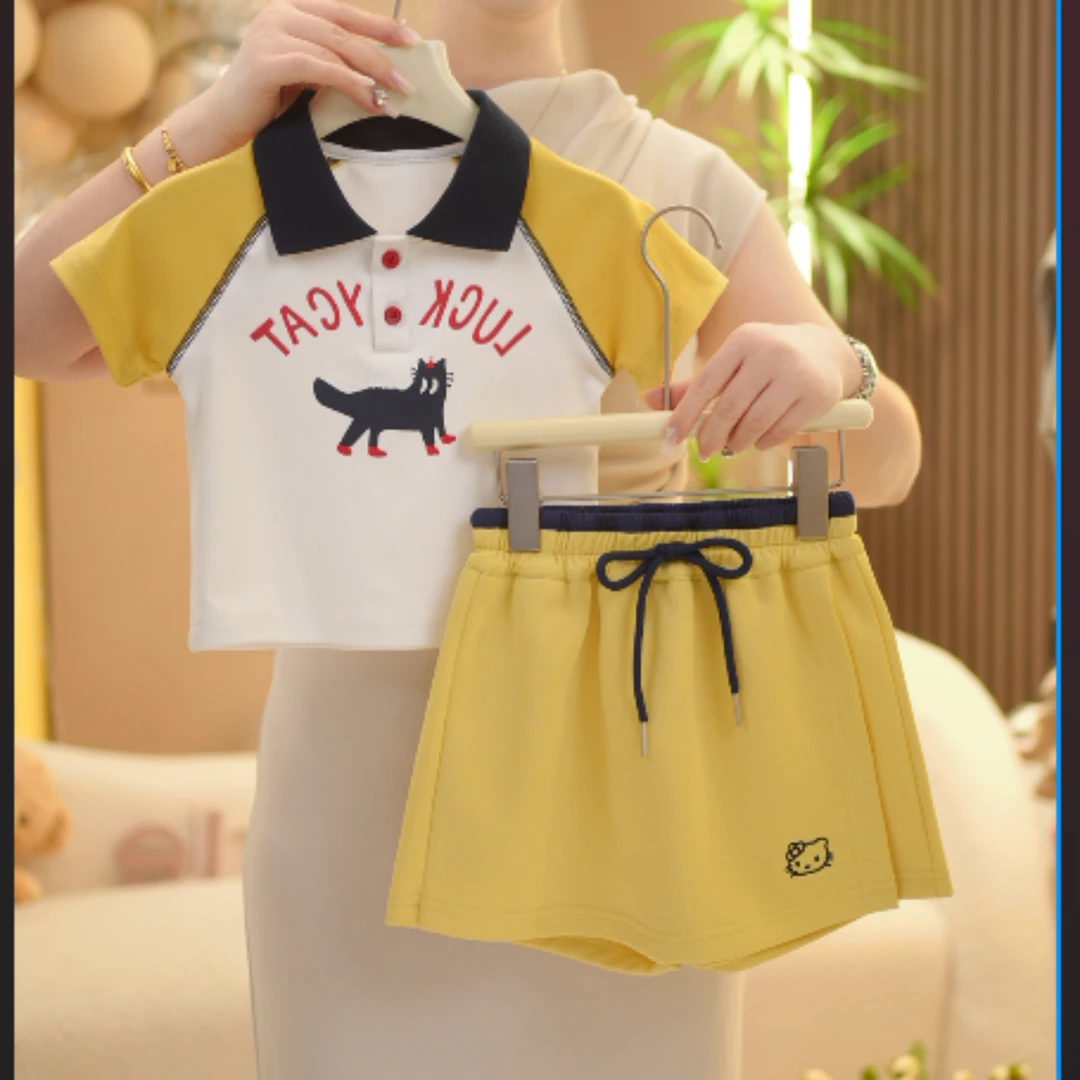 【现货现发】2025女童夏季夏款时尚韩版百搭新款翻领黄色猫咪套装